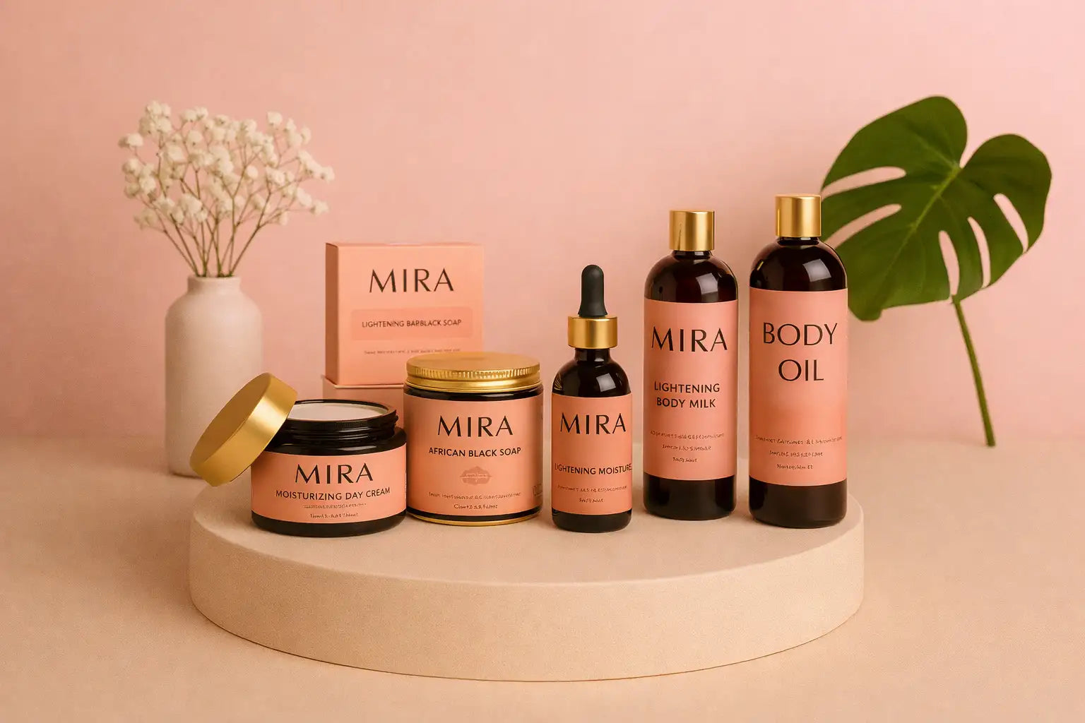 Mira african black soap in a sleek black jar with a gold lid, featuring minimalist branding and a matte finish.