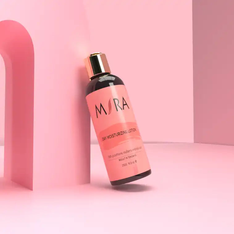 Pink bottle of Myra skincare product with a gold cap.