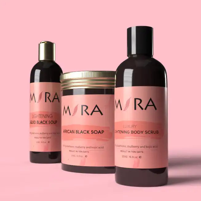 Set of pink and black skincare products from the brand MYRA.