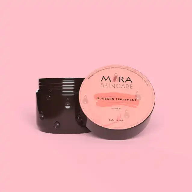 Skincare product jar labeled ’MYRA SKINCARE’ with a pink lid.